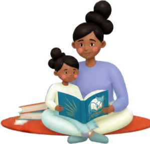 Illustration of a mother and her young daughter sitting on a rug reading an Open Book Project book together